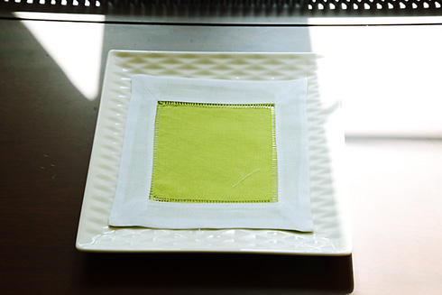 Multicolor Hemstitch cocktail napkin 6". Hot Green & White - Click Image to Close